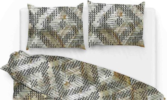 Housse de couette et taies d'oreiller avec un motif géométrique vert, beige et noir. Ressemble à un filet de pêche.