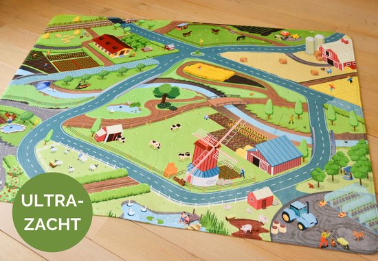 Mats & Joy – Boerderij Speelmat met Stratenplan 130x180cm – Ultrazacht – Anti-Slip – Wasbaar – Speelkleed Auto – Speeltapijt – Autokleed Speelgoed – Verkeerskleed – Verkeersmat – Speeltapijt – Jongens en Meisjes – Stratentapijt Verkeer