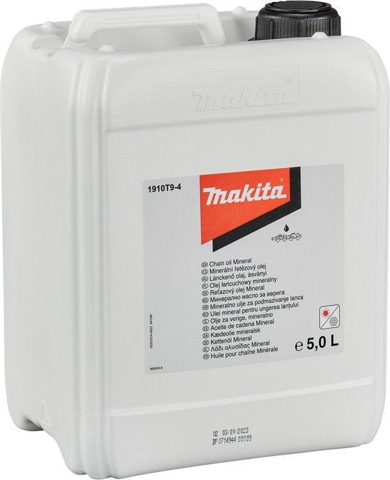 Witte kunststof jerrycan met Makita-logo, productcode 1910T9-4 en "Chain oil Mineral" in meerdere talen.