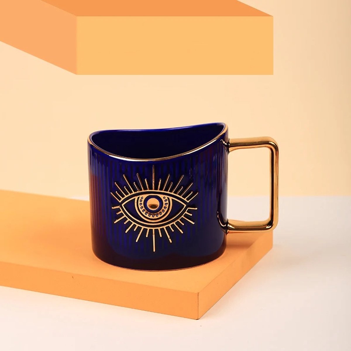 Luxe Koffiemok Gegraveerde Goud Evil Eye - Theemok - Keramische Mok - Engraved Gold Evil Eye Mug - Blauw