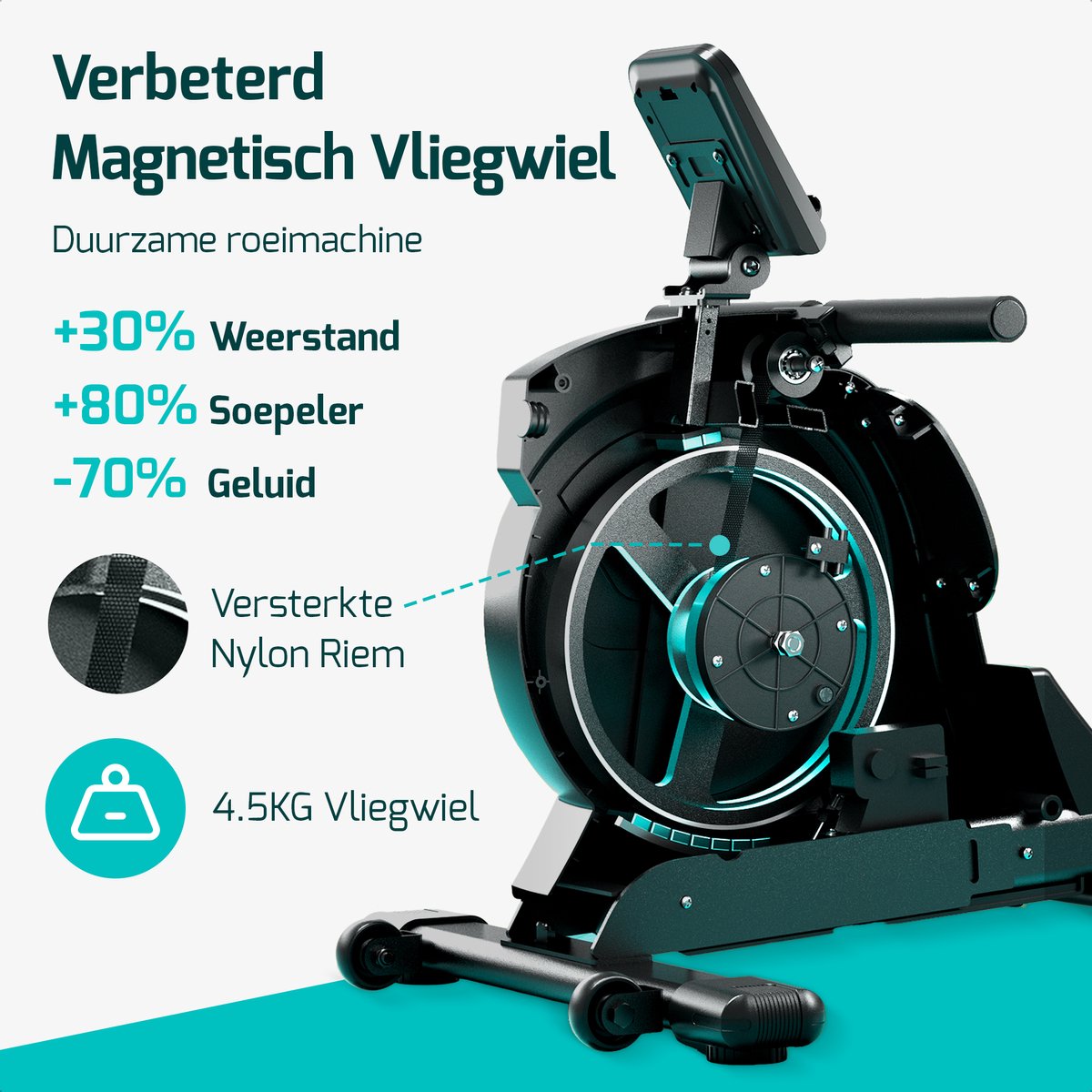 Afbeelding 3 van FITAGE Roeitrainer - Roeimachine 16 Weerstandniveaus - Roeiapparaat met Trainingsprogrammas en App - Roeitrainers - Inklapbaar