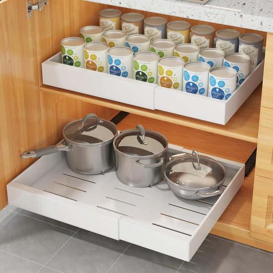 SAYZH Uittrekbare kast-organizer, uitschuifbare lade, opbergplanken voor keukenkast, uitschuifbare schuiflade, (25 cm B x 43 cm D x 9 cm H), boren en vastspijkeren niet nodig (zwart