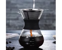 Pour Over Koffiepot met Permanent RVS koffiefilter - Slow Coffee Maker Kit - Glazen Cafetière - Koffekan Drip Gieter - Dripper Koffiemaker - Handmatig Filterkoffie koffiezetapparaat met Herbruikbaar Koffie Filter - Koffiefilterhouder V60 set - 500 ML