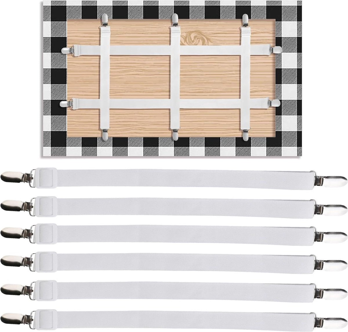 Tafelkleedklemmen met verborgen band - 6 stuks - Verstelbare elasticiteit - Voor dikke tafels en bankhoezen - Picknick- en kampeeraccessoires - Witte tafelkleedklem