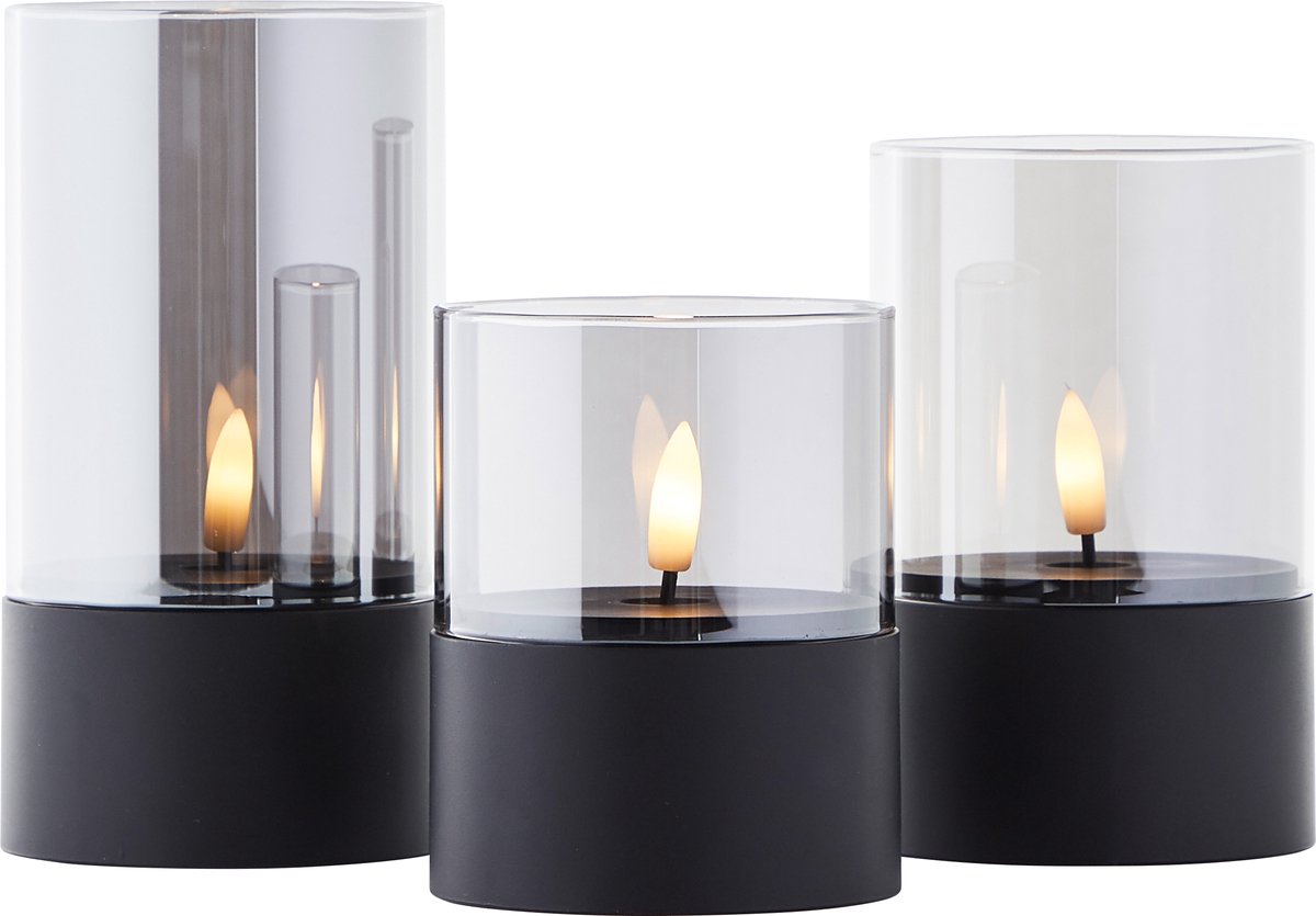 Bol.com Brilliant Bougie LED Buiten Tafellamp 3-delige Set - Zwart/Rookglas, Hoogte 10/12,5/15 cm, Met Timerfunctie, Moderne Sfe... aanbieding