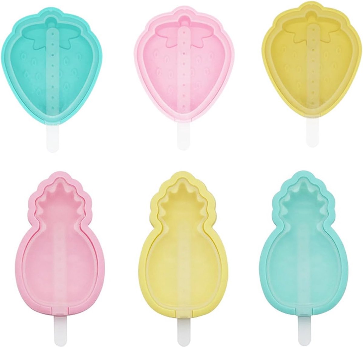Set van 6 siliconen ijsvormpjes, stapelbare ijsvormpjes, diverse kleuren, ijsvormpjes, set BPA-vrije ijsvormpjes met deksel, ijsvormpjes (3 ananas + 3 aardbei)