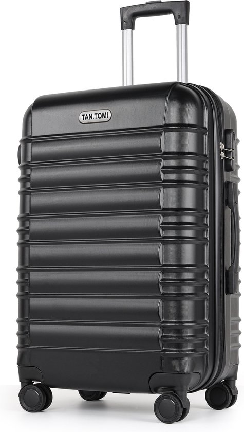Zwarte TAN.TOMI handbagage koffer met trekstang en handvat, op een witte achtergrond.