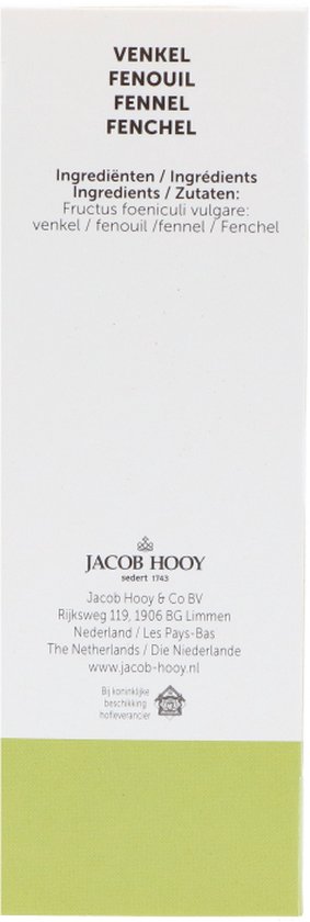 Zijkant doos Jacob Hooy met ingrediënten en adres. Venkel, kruidendrank.
