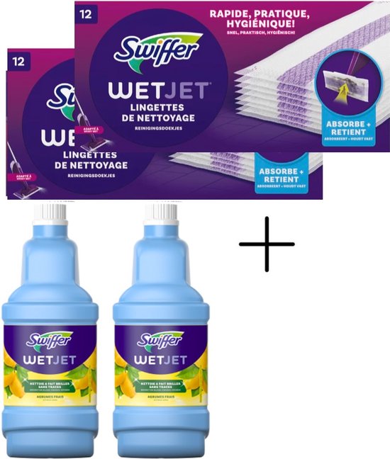 Foto: Swiffer wetjet alles in een dweilsysteem 2 x citrus fris navulfles 1 25 l reinigingsmiddel en 24stuks reinigingsdoekjes