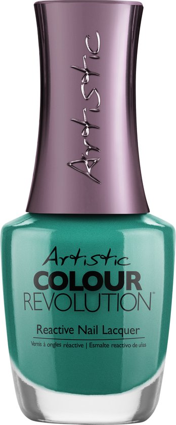 Flesje turquoise nagellak 'Artistic Colour Revolution Reactive Nail Lacquer' met paarse dop.