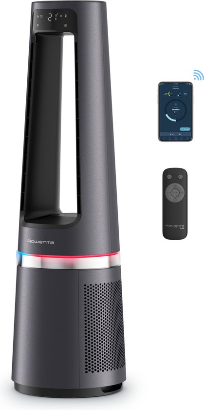 Ventilateur tour sombre avec télécommande et application smartphone.