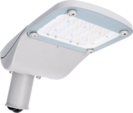 Grijze LED straatlantaarn met rechthoekig, wit LED-paneel, zichtbaar vanaf de voorkant.