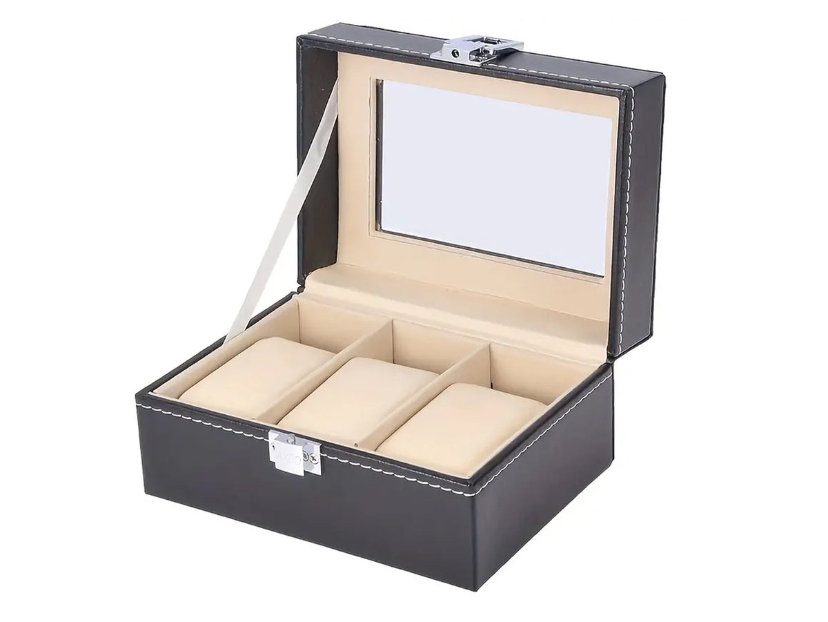 Luxe HorlogeDoos - Opbergdoos - 3 Vakken - Sieradendoos - Kist - Fluwelen Voering - Verwijderbaar Kussens - Watch Box - Leder - Leer - Zwart