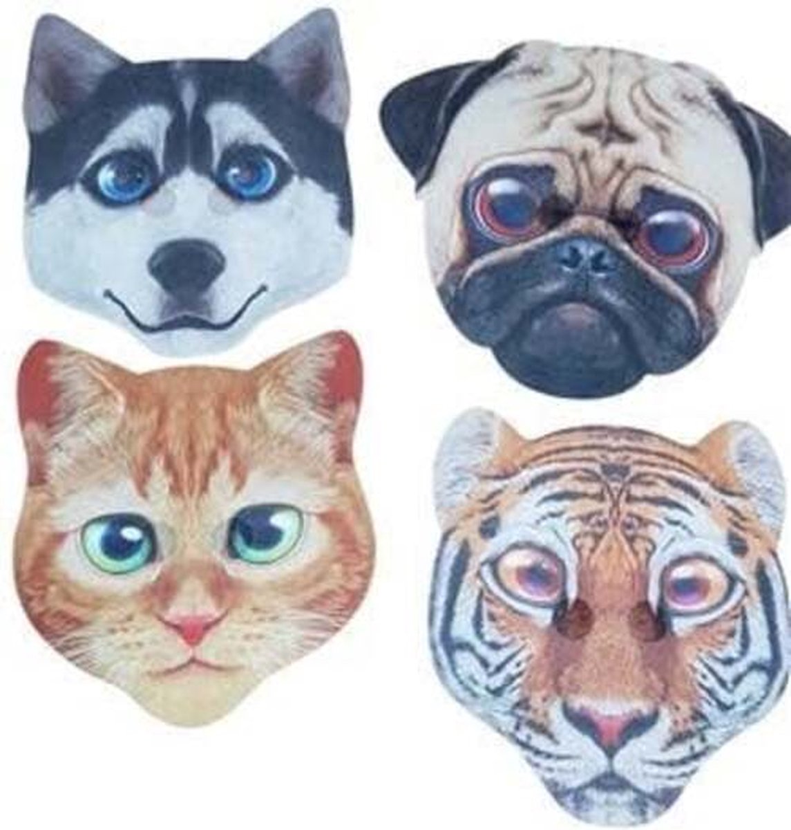 Goedkoopste dierenmasker 4ass tijger, wolf, hond of poes (1stuk