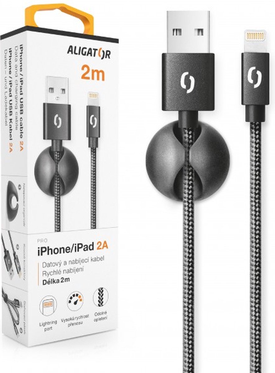 Aligator DATKP21, 2 m, Lightning, USB A, Mannelijk, Mannelijk, Zwart