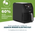 Zwarte Princess heteluchtfriteuse met op de achtergrond een groene cirkel die zegt 'Bespaar tot 60% op je elektriciteitskosten'.