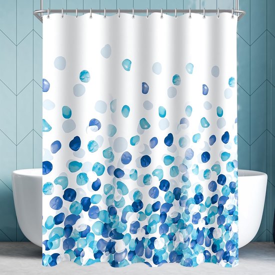 Shower Curtain, 180 x 200 cm, Blue Petals, Weighted Hem, Anti-Mould Textile, Water-Repellent, Washable Polyester Bath Curtains with 14 Eyelets and Shower Curtain Rings for Bathroom, Bathtub