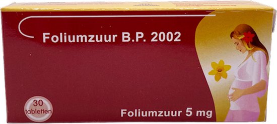 Doosje Foliumzuur B.P. 2002, 5 mg, met afbeelding van zwangere vrouw en bloem.