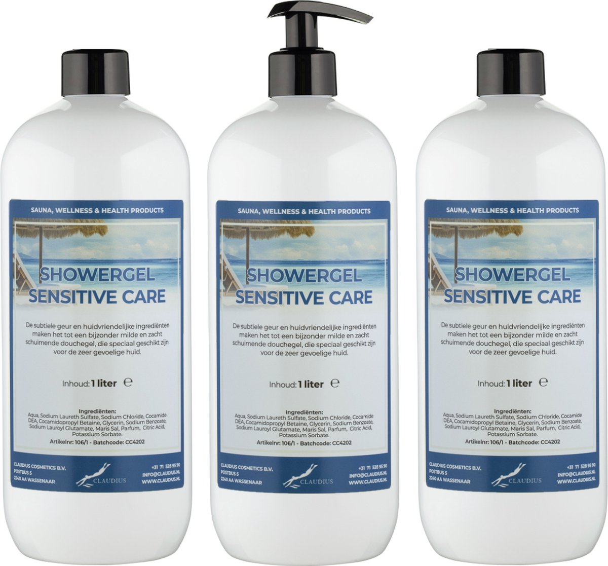 Goedkoopste Douchegel Sensitive Care 1 Liter - set van 3 stuks - met gratis pomp - Showergel