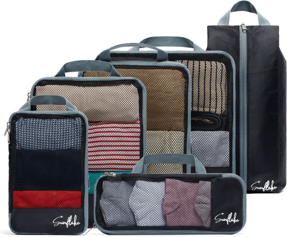 Bol.com Compressie Packing Cubes - Packing Cubes met Compressierits - 6 stuks - Mesh Zwart - Compression Cubes Sunflake aanbieding