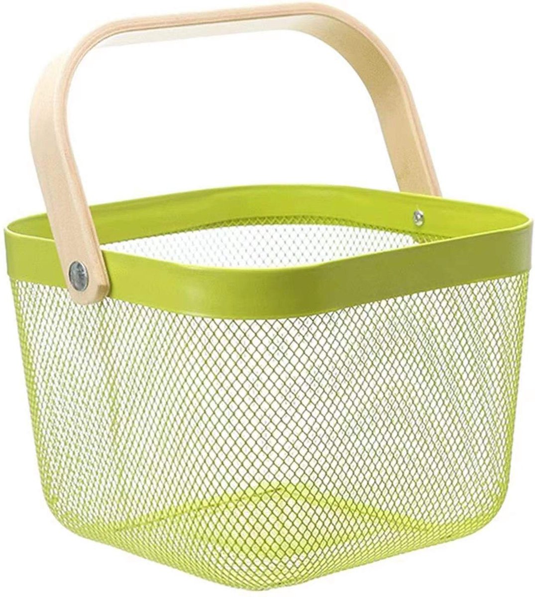 RVS picknickmand fruitmandje boodschappen winkelmandje met houten hengsel (24x24x18cm) lichtgroen