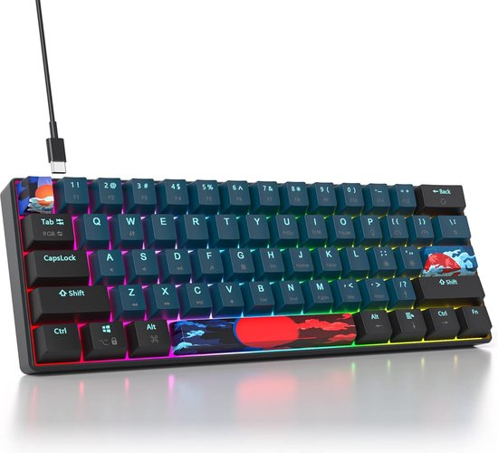 StayPowered Mechanische Gaming Toetsenbord - Compact en Krachtig voor Topprestaties - 61 Toetsen - RGB Achtergrondverlichting - Lineaire Rode Schakelaars - PBT Keycaps - USB-C Verbinding - Blauw/Zwart - Levering Sneller dan Aangegeven!
