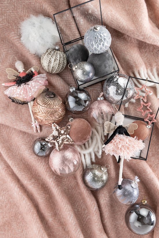 J-Line kerstbal - fluweel/glas - grijs - medium - doos van 4