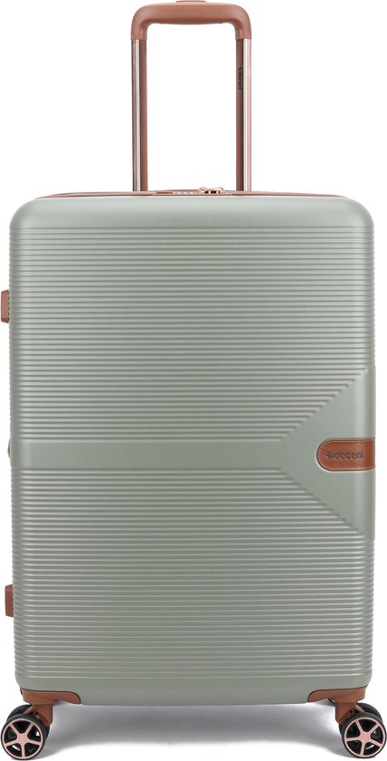 Lichtgroene koffer met bruine accenten, TSA-slot en uitschuifbaar handvat.