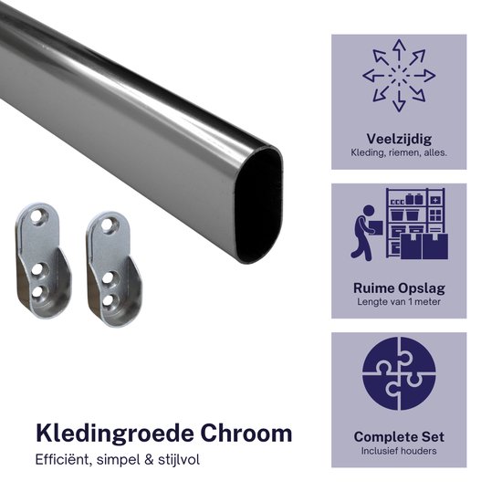 Foto: Kledingroede chroom inclusief houders 30x15mm 1 meter kastroede kledingstang kledingroeden