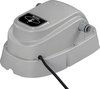Grijze Bestway zwembadverwarmer met zwarte kabel en slangaansluitingen.