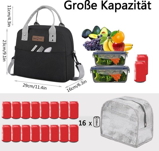 HOMESPON Geïsoleerde lunchtas voor vrouwen mannen volwassenen waterdichte koeltas lunchbox draagtas voor picknick, werk, strand, kamperen en reizen (Medium, zwart