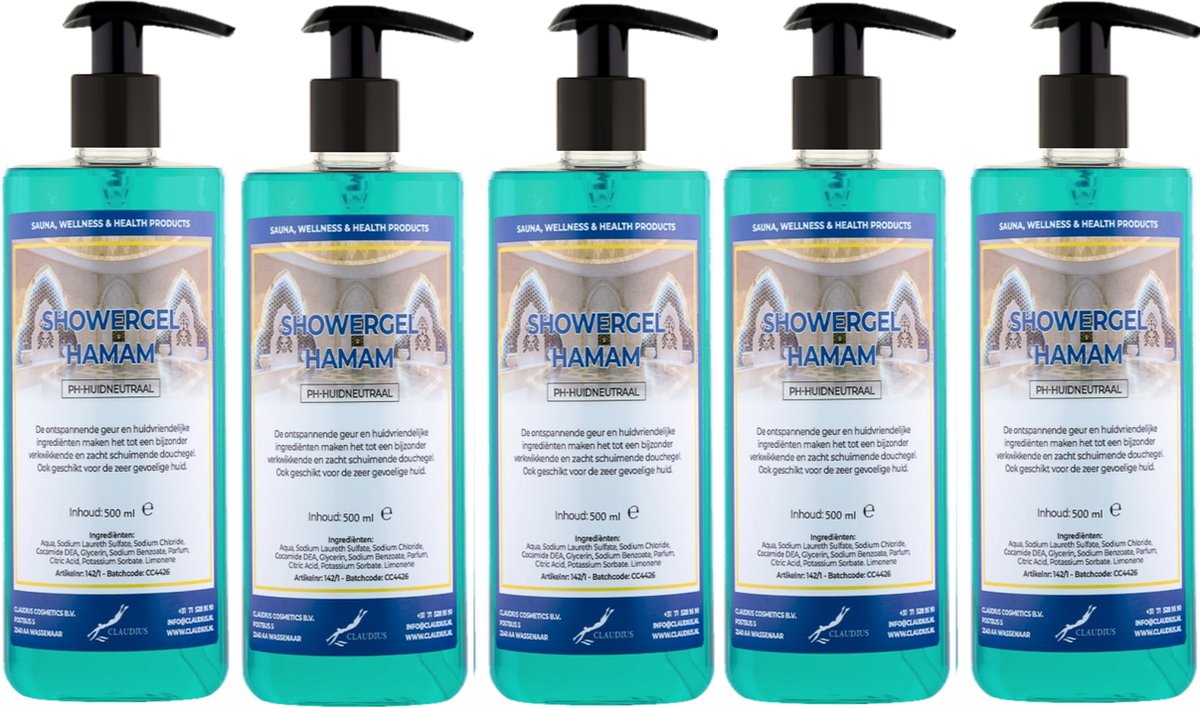 Goedkoopste Douchegel Hamam 500 ml - set van 5 stuks - met gratis pomp - Showergel