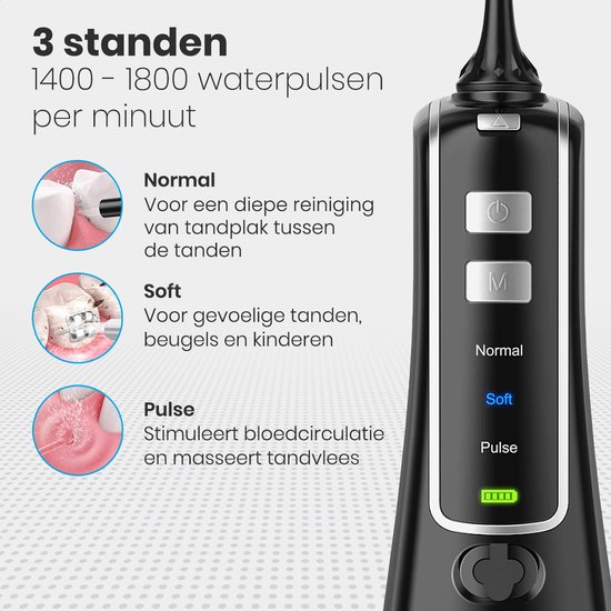 Auronic Waterflosser - Monddouche Elektrisch - 3 Standen - Draadloos en Oplaadbaar - 300 ml - 4 Opzetstukjes - Zwart