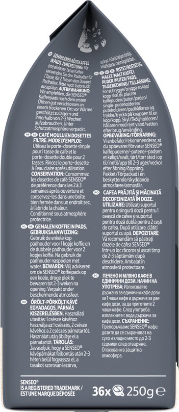 Zijkant van een pak Senseo koffiepads met productinformatie in meerdere talen.