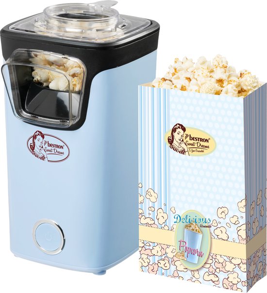 Bestron Popcorn machine - APC200B - popcornmaker - Incl. 10 popcorn zakken - Klaar in 2 min - Blauw