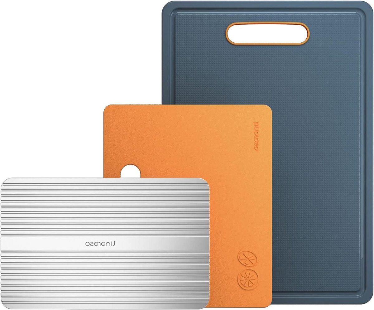 Gekleurde Plastic Snijplanken Set van 3 - Snijplank Met Ontdooiplateau - Sapgroeven - Vaatwasmachine Veilig - Lava Orange joseph joseph cutting board