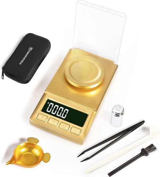 ORIA Digitale weegschaal milligram fijne weegschaal, 50g/0,001g precisie zakweegschaal sieradenweegschaal, LCD mini weegschaal, draagbaar, tarra-functie, 10g x 2 st. kalibratiegewichten - blauw