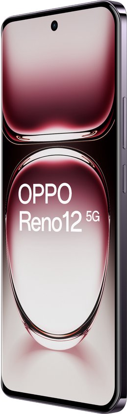 Linker schuine aanzicht van de OPPO Reno12 5G met schermweergave van de modelnaam en 5G-connectiviteit.