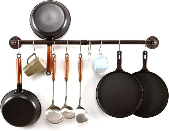 LINKPIPES Pijp Pot Pan Rack Wandmontage Industrieel Gebruiksvoorwerp Deksel Houder Kookgerei Hanger Keuken Organizer Opknoping Bar Rail met S Haken (24 inch, Rood Brons