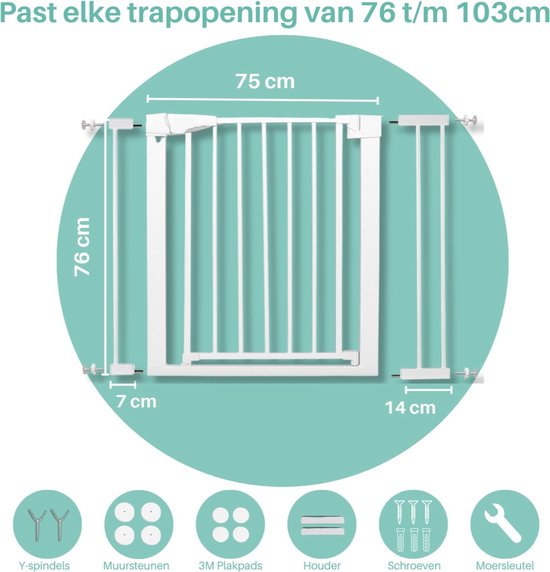 ADSafety Barrière d'escalier sans Embouts - 75 à 103 cm - Fixation à pince - Barrière de sécurité à fermeture automatique - Barrière enfant - Clôture pour chien - Wit