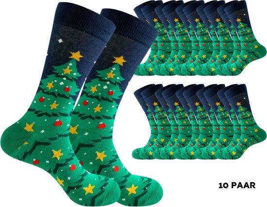 10 paar Kerstsokken met kerstboom met rode ballen en gouden sterren - Sokken heren/dames maat 40-45 - grappig design kerstcadeau - Groepscadeau