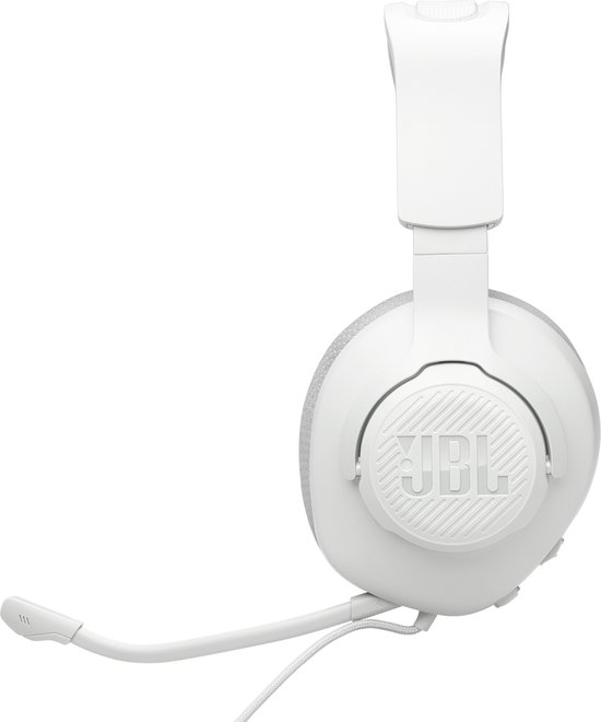 Witte gaming koptelefoon van JBL met stoffen oorschelpen en microfoon.