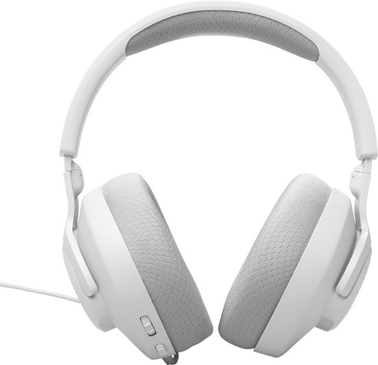 Witte gaming koptelefoon met stoffen oorschelpen en een afneembare microfoon.