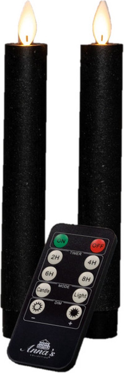 Anna's Collection LED dinerkaarsen - 2x st - zwart - 18 cm - met afstandsbediening