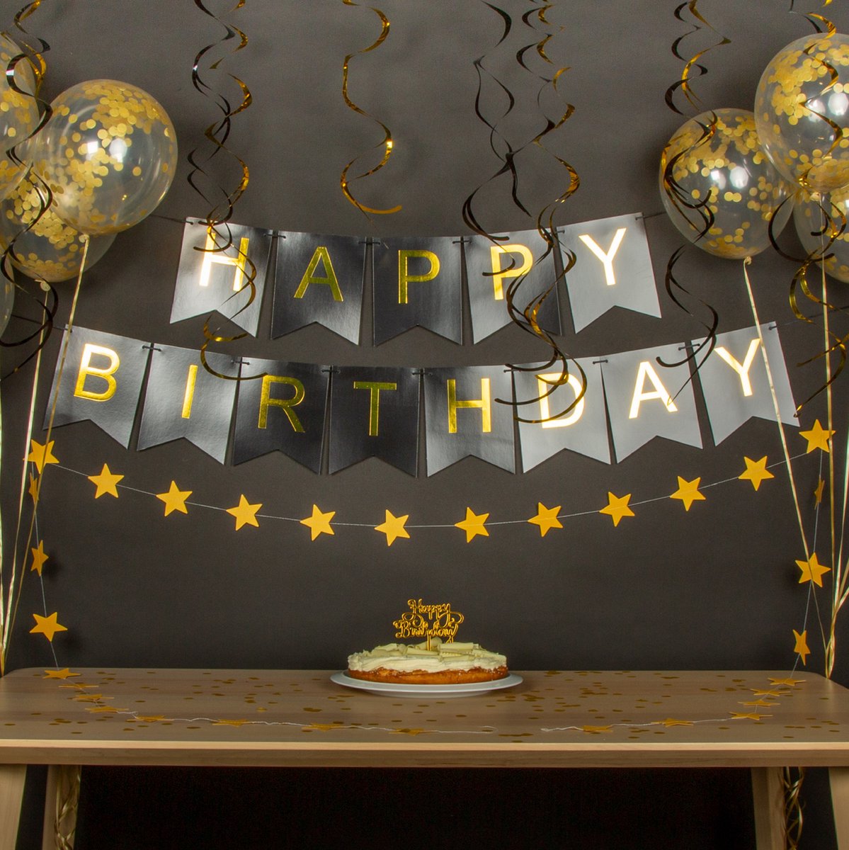 Fissaly Verjaardag Slinger Zwart & Goud met Papieren Confetti Ballonnen – Decoratie – Happy Birthday — afbeelding 7