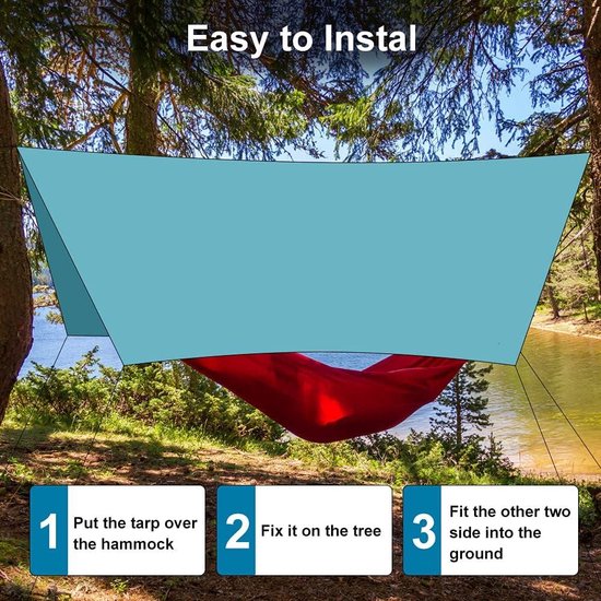 Tentzeil Tarp 3m x 3m - Waterdicht Zeildoek - Outdoor Regen Tarp - UV Bescherming - Kamperen - Blauw Tarp tent — afbeelding 4