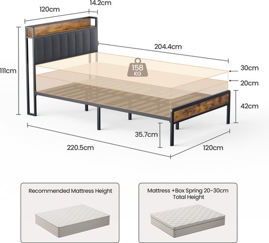 Bealife BF26 Cadre de lit - 200 x 140 cm - avec tête de lit à rangement - Gris clair