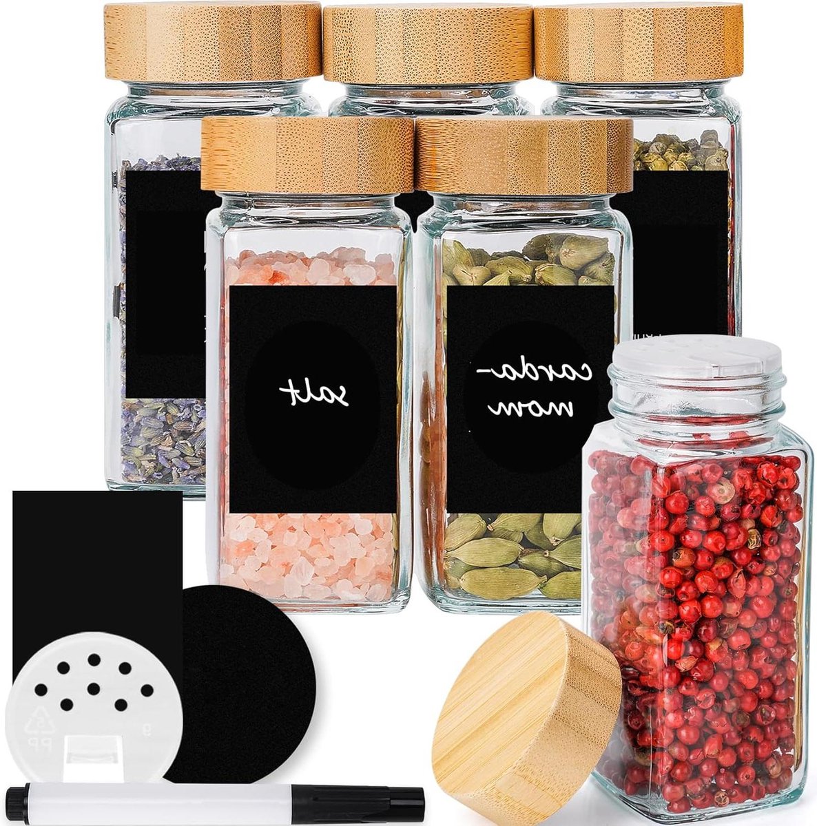 Kruidenpotjes met Stickers Vierkant 120 ml Set van 6 Strooiinzetstuk Bamboedeksels Etiketten Zwart Kruiden Potjes Kruidenpotjes met Stickers