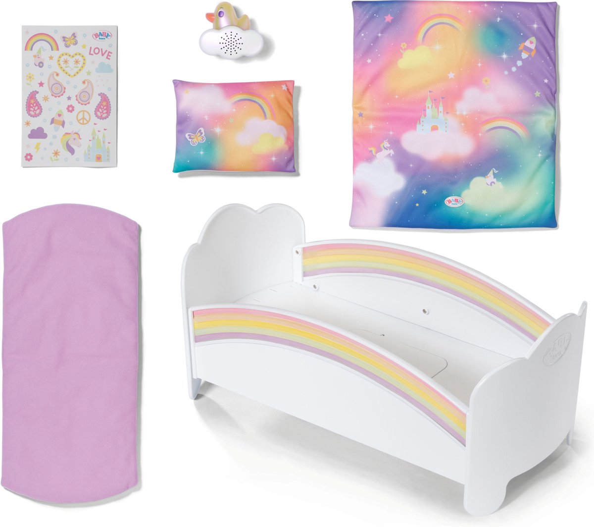 Regenbogen-Puppenbett mit Licht & Musik für Babypuppen