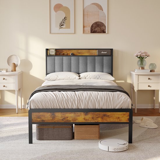 Bealife BF25 Twijfelaarbedden , standaard Platform Bedframe, 220 x 120 x111cm, Metalen Bedframe met Opbergbaar Hoofdbord, Stevig en Stabiel, Geluidsvrij, Geen Boxspring Nodig, Eenvoudige Montage-Licht Grijs